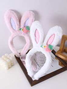 1pc/2pcs Girls White & Pink Plush Rabbit Ear Headband, Soft Plush Rabbit Ear Headband With Strawberry Flower Decoration, Cute Sweet Hair Accessory, Suitable For Children's Daily Wear, Party, Ball, Holiday Decoration - Multicolor - View 9