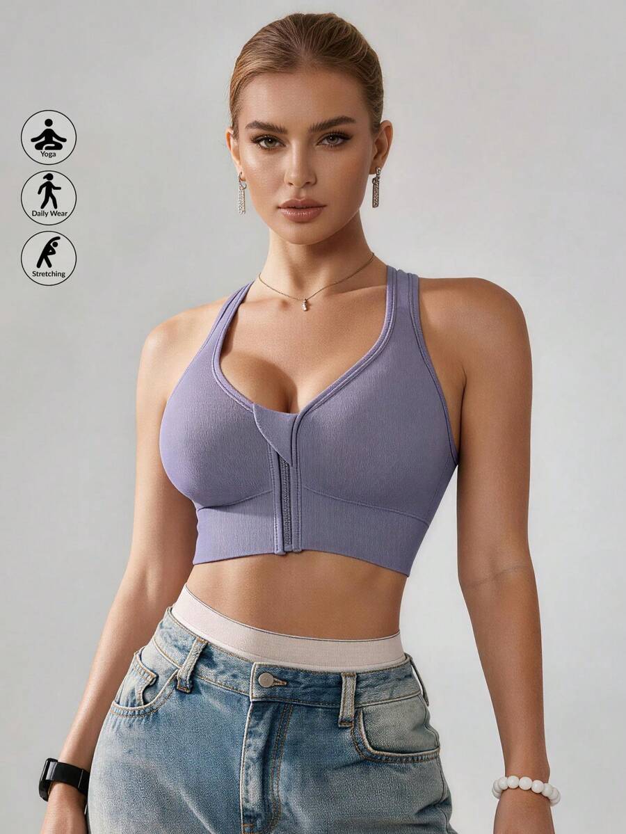 Runway Rest Women High Impact Front Zip Seamless Wireless Sports Bra, Suitable For Spring, Summer, Autumn And Winter - Purple - View 1