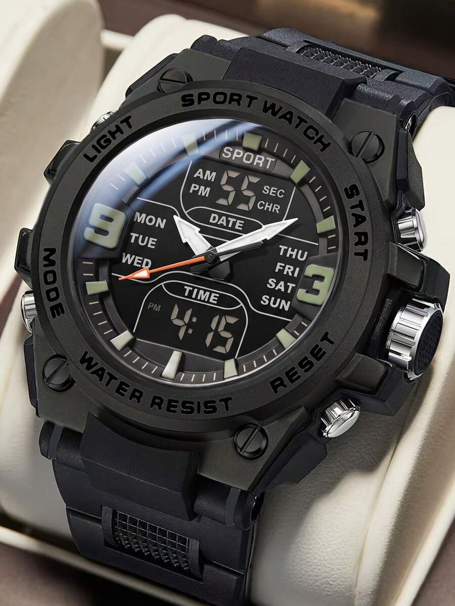 1pc New Fashion Dual Display Luminous Waterproof Men's & Teenager Outdoor Sports Electronic Watch - A - View 1