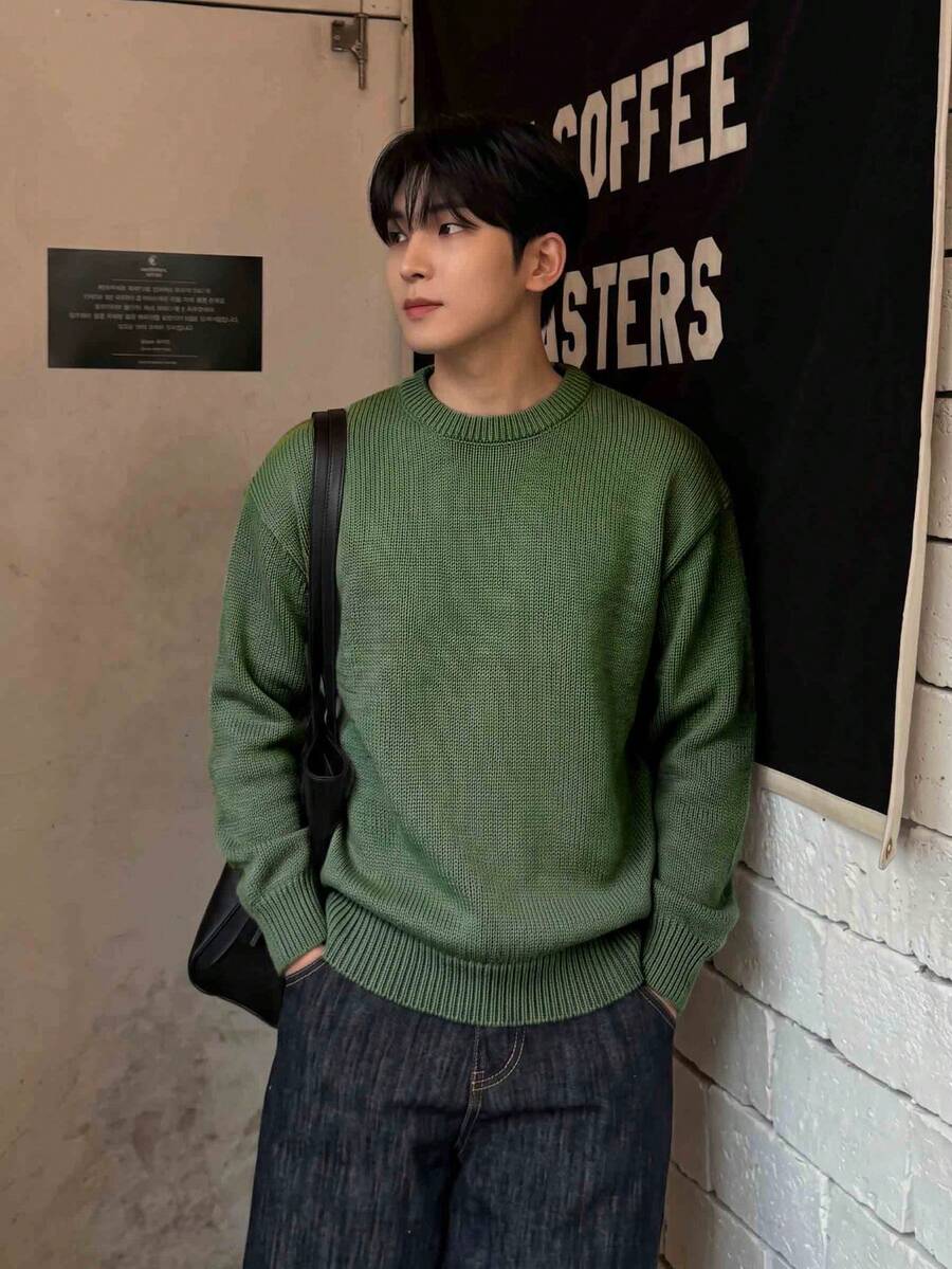 Men's Casual Loose Fit Solid Color Pullover Sweater, Streetwear Style, Round Neck, Long Sleeve, Versatile, Suitable For Spring, Autumn, Winter - Olive Green - View 1