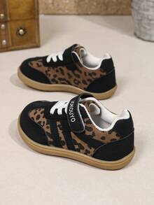Multi-Color Kids' Vintage Colorblock Sneakers, Leopard Print Contrast Stripe Thin Fleece Lining, Durable Non-Slip Hook & Loop Closure, Unisex Toddler/Children's Autumn/Winter Versatile Comfortable Shoes - Black - View 3