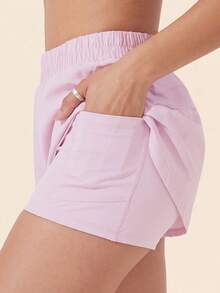 VUTRU 1pc High Waist 2in1 Sports Shorts With Built-In Pockets Mesh Patchwork For Running And Fitness - Baby Pink - View 2