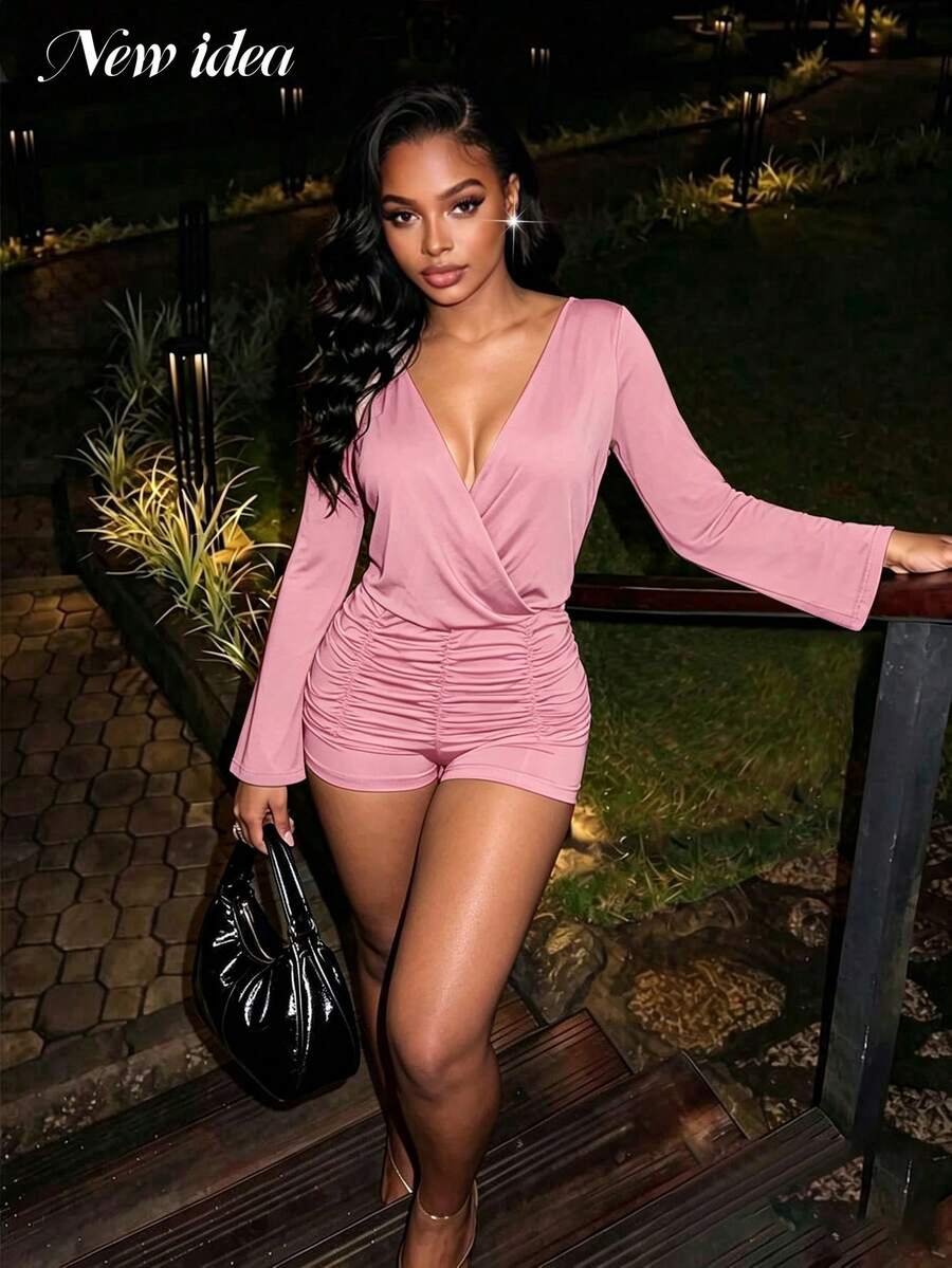 NEW IDEA Women's Sexy Pink V Neck Long Sleeve Backless Tie Ruched Short Jumpsuit, Summer Early Fall Romper For Night Out, Daily, Going Out & Party - Pink - View 1
