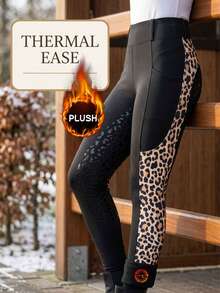 Women's Thermal Lined High-Waist Slim Fit Leopard Print Patchwork Anti-Slip Riding Pants, High-Waist Tummy Control Slim Fit, Fashionable Leopard Print Patchwork On Both Sides, Silicone Heat-Transfer Anti-Slip Technology, Contoured Leg Fit, Practical Side Pockets, Combines Athletic Performance And Daily Wear - Black - View 6