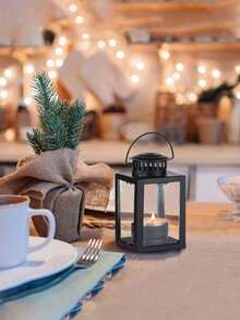 1pc/2pcs Mini Iron & Glass Lantern Candle Holder, Portable Hanging Tea Light Lamp, Windproof Glass Candle Holder Small Lantern, Vintage Desktop Decor For Christmas, Wedding, Party Atmosphere - Black - View 6