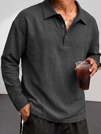 Blueprint Man 1pc Men's Black Long Sleeve Polo Shirt, Classic Turn-Down Collar With Half-Button Placket Henley Neck Design, Faux Linen Fabric, Comfortable And Breathable, Fresh And Comfortable Fit, Solid Color Minimalist Style, Suitable For Commuting And Daily Wear, Old Money Style