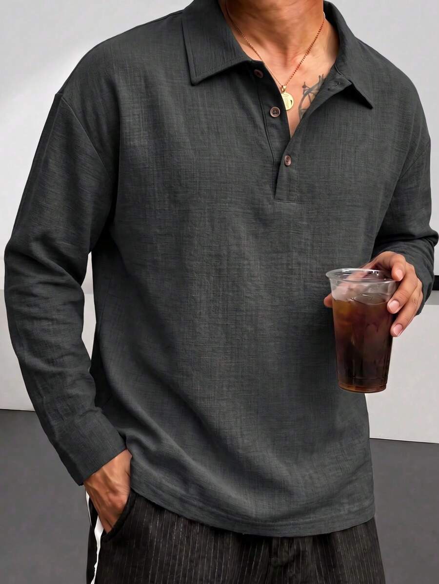 Blueprint Man 1pc Men's Black Long Sleeve Polo Shirt, Classic Turn-Down Collar With Half-Button Placket Henley Neck Design, Faux Linen Fabric, Comfortable And Fresh, Solid Color Minimalist Style, Suitable For Commute And Daily Wear, Old Money Style - Black - View 1