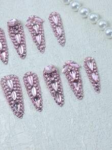 CrystalHola Fall/Winter Nails,Handmade Almond-Shaped Nails, Y2K, Pink Nails With Full Coverage Rhinestone, French Tip Nail, Pure Handmade Nails. Suitable For Girls.Fits Parties,Weddings, And Daily Wear. A Great Gift For Girls And Women.Handmade False Nails - Multicolor - View 4