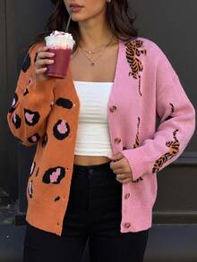 Cardigan Rajut Lengan Panjang Leher V Wanita dengan Motif Hewan Campuran, Sweater Kancing Depan Poliester untuk Pakaian Musim Gugur yang Bergaya - Berwarna merah muda - View 2