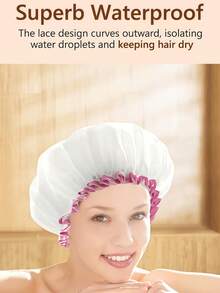 New Elastic Shower Cap: Double-Layered, Satin-Finish, Waterproof, And Oversized-Suitable For Long Hair And Deep Conditioning Treatments (PEVA Lining). - Multicolor - View 7
