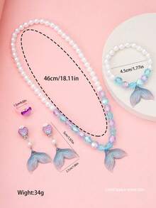 5pcs/Set Girls Mermaid Princess Jewelry Set, Faux Pearl Beaded Necklace, Bracelet, Ring, Ear Clips, Cute Party Gift For Girls - Multicolor - View 3