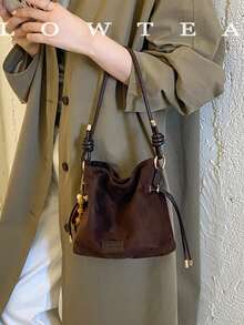 low tea 1pc Small Bucket Suede Crossbody Bag With Adjustable Strap, Suitable For Commuting, Shopping, Etc. (With Pendant) - Coffee - View 11