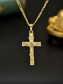 1pc Men's Minimalist Jesus Crucifix Necklace With Religious Elements, Exquisite Men's Accessory, Daily Wear Jewelry - Yellow Gold - View 5