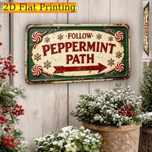 Follow The Peppermint Path Christmas Sign, Vintage Plaque, Decorative Sign & Ornament, 2D Flat, Candy Swirl Red Arrow Path Directional Sign, Ivory White & Green Holiday Wall Decor, Fun Winter Dessert Route Porch Decoration (Random Style) - A - View 6