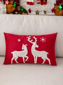 1pc 3D Embroidered Velvet Deer & Tree Pillow Case, Without Pillow Insert, Christmas Theme, All Season Decorative Cushion Cover, Suitable For Living Room, Bedroom, Machine Washable - Red Cloth Reindeer - View 14