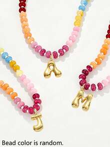 1pc Bohemian Style Colorful Beaded Gemstone Necklace, Bubble Letter Pendant Necklace, Natural Gemstone, Handmade Jewelry Gift - Multicolor - View 5