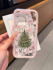1pc Fashion Creative Phone Case, With Pink Snowflake Pattern, Bow, Candy, Christmas Tree And Snowman Full Screen, Shockproof 2-In-1 TPU Soft Protective Shell, Color Contrast, Suitable For Apple 11/12/13/14/14plus/15/15plus/16/16plus/17/17/17/17pro - Pink - View 2