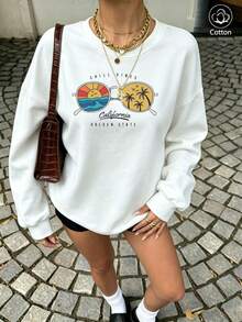 Women's Casual Loose Fit Crewneck Sweatshirt With Colorful Sun, Palm Tree & Text Print On White Base - White - View 10