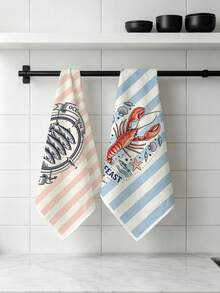 2pcs Kitchen Absorbent Towels, Made Of Polyester Material, Lobster And Fish Pattern Print, Suitable For Kitchen, Bathroom, Ideal Choice For Housewives And Family Gatherings, High Cost-Effective Home Supplies, Great Room Decoration - Multicolor - View 3