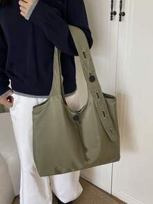 1pc Solid Color Button Decor Tote Bag Nylon Large Capacity Casual Versatile Shoulder Bag For Women Daily Commute - A - View 7