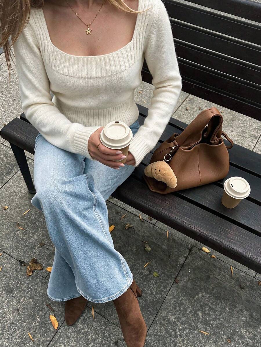QUNGIGU Women Square Neck Sweater Ribbed Hem Basic Casual Knit Top For Fall Winter Daily Commuting Going Out Dating - White - View 1