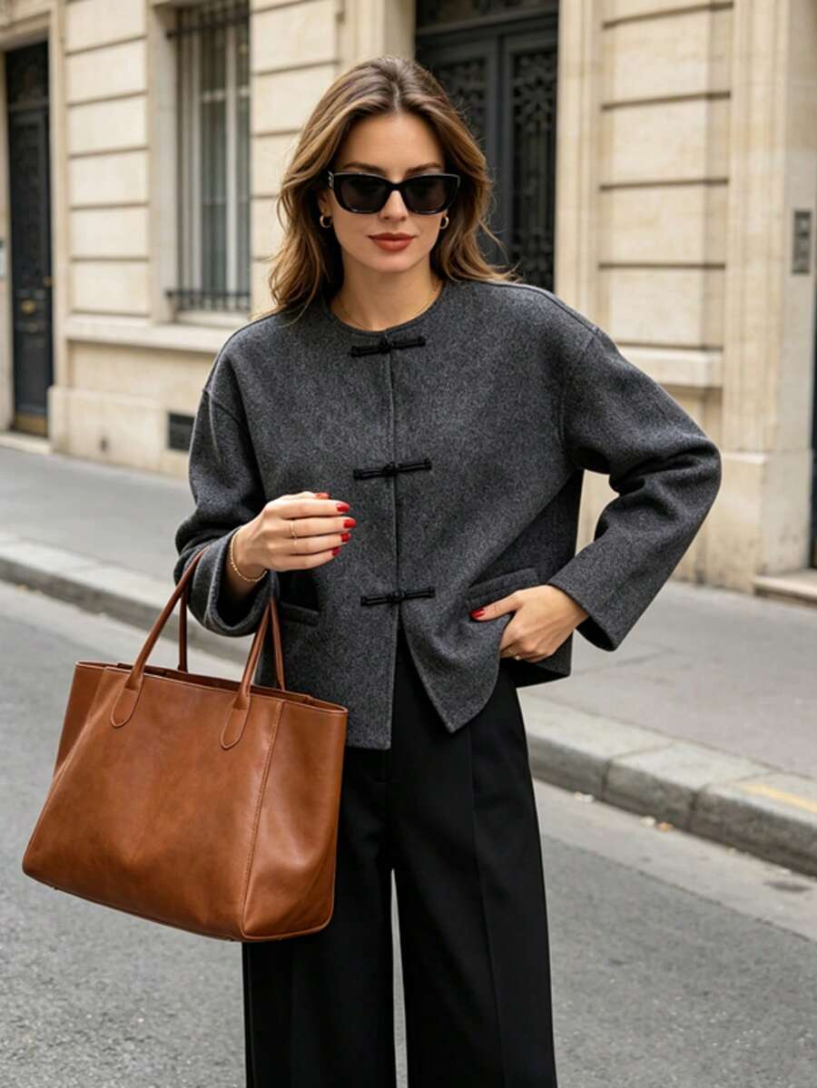 2026 Autumn New Chinese Style Overcoat Women's Flight Jacket Elegant Frog Button Round Neck Long Sleeve Short Gray Vintage Jacket Suitable For Daily Commute Wear - Grey - View 1