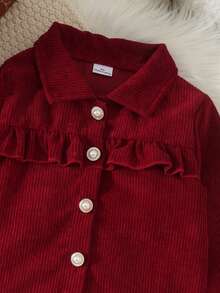 2pcs Girls Vintage Sweet Style Corduroy Short Jacket With Lapel And Frill Trim, Paired With High Waist Ruffle Button A-Line Skirt Set, Spring/Autumn - Burgundy - View 6