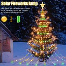 Christmas Outdoor Night Scene Decorative Lights, Solar Powered Christmas Tree Star Waterfall Lights. Top Features Exquisite Five-Pointed Star Light Head, 2M Specification, 9 Strands Of Light Lines With 198 LED Beads, Warm, Colorful, White Three Light Colors Available. Light Lines Naturally Drape To Form Waterfall Style, Presents Complete Christmas Tree Shape After Hanging, Excellent Atmosphere. - Christmas Tree Star Waterfall Lights - View 11