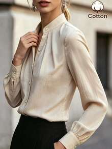 Women's Fall/Winter Beige Pure Cotton Stand Collar Pleated Long-Sleeve Shirt, Pearl Button Loose Blouse, Elegant Occasion Wear For Daily Commute Date - Brown - View 4