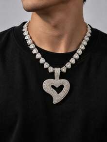 Personalized Asymmetrical Heart-Shaped Full Rhinestone Pendant Necklace, Heart-Shaped Rhinestone Chain, Hip-Hop Rap Style Couple Jewelry - Heart Pendant Necklace - View 8