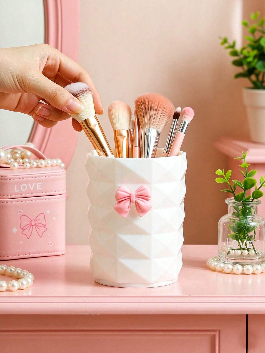 1pc Fashion Diamond Texture Bow Makeup Brush Holder - Lightweight, Suitable For Cosmetics And Bathroom Decor Countertop Storage - Multicolor - View 1
