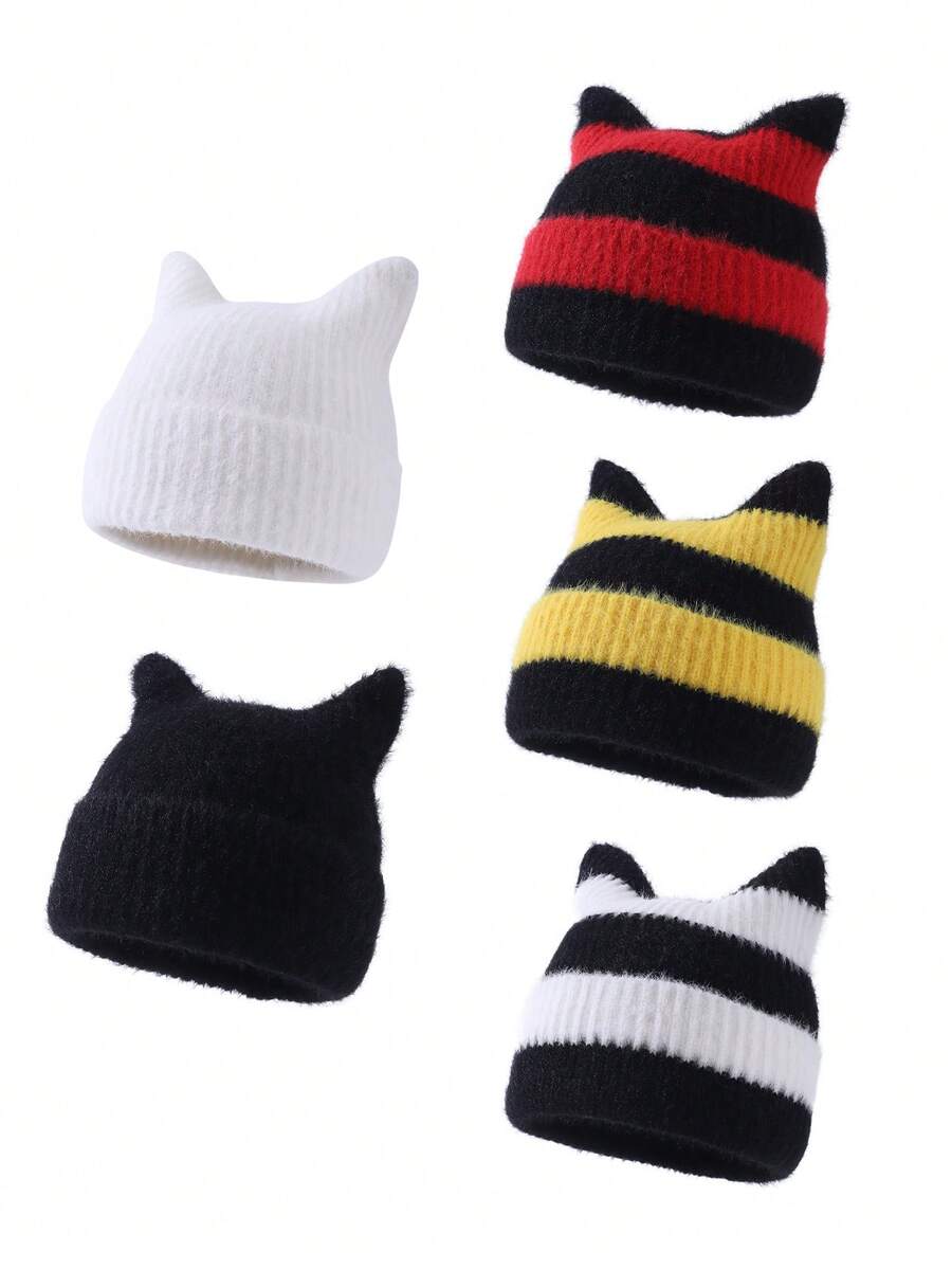 1pc Men's Fashion Cute Ear-Shaped Striped Short Fur Beanie Knit Hat, Suitable For Autumn/Winter Warmth, Daily Wear And Outfits - A - View 1