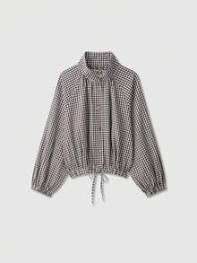 Women's Long Sleeve Stand Collar Adjustable Tie Plaid Shirt Jacket - Multicolor - View 1