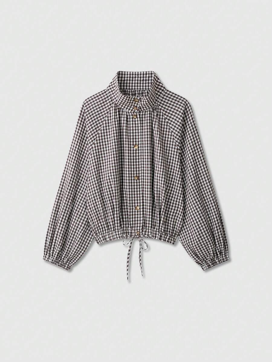 Women's Long Sleeve Stand Collar Adjustable Tie Plaid Shirt Jacket - Multicolor - View 1
