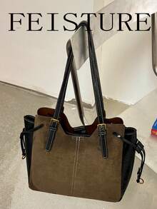 FEISTURE 1件裝麂皮與PU布料拼接多層托特包，時尚女款單肩包，適合女孩、女士、大學生、職場新人與上班族，適用於工作、商務、通勤、上學 - 綠色 - 查看 4