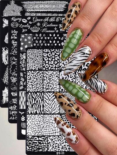 Placa de estampado en caliente para arte de uñas retro de 4 piezas, diseño de encaje, letra, estampado de leopardo, estampado de cebra y hoja de arce de otoño, plantilla de uñas reutilizable, herramienta de decoración de arte de uñas DIY