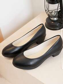 French Gentle Style Black Pointed Toe Pumps For Women, Solid Color Minimalist Elegant Design, Thick Heel For Stable And Comfortable Walking, Versatile For Commuting, Work, Dating, Banquet And Formal Occasions, High Heels With Sophisticated Elegant - Black - View 3
