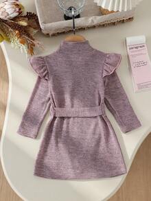 2pcs Baby Girl Soft Comfortable Half-High Neck Ruffle Edge Button Decor Long Sleeve A-Line Dress With Detachable Waist Tie, Spring/Autumn - Mauve Purple - View 4