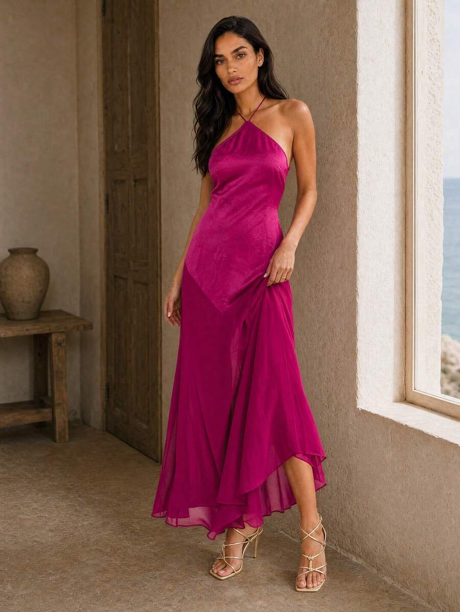 Dancing Leopard Purple Satin-Bodice Sheer-Panel Halterneck Dress, Wedding Guest Occasion Wear - Purple - View 1