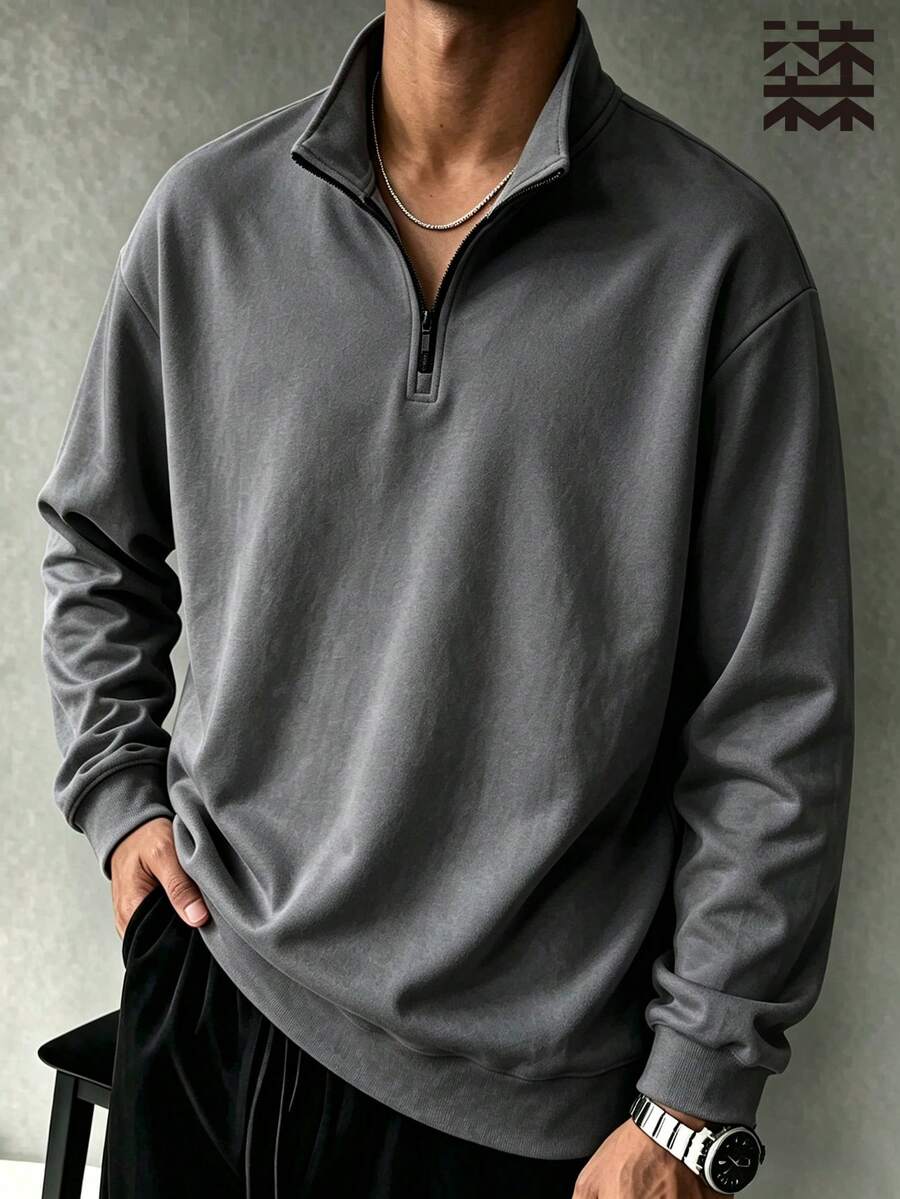 mulinsen Men's Solid Color Half-Zip Stand Collar Sweatshirt, Drop Shoulder Long Sleeve Top, Minimalist Commuter Casual Style - Dark Grey - View 1