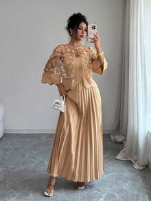 Elegant Women's 2 Pieces Set: Round Neck Dress With Scalloped Edge Mesh Cardigan, Pleated Maxi Skirt, Suitable For Formal Occasions - Ginger - View 3