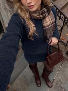 女款優雅針織毛衣套裝，休閒圓領長袖套頭衫，純色兩件套，適合聖誕節、新年、感恩節、秋季 - 藏青 - 查看 1