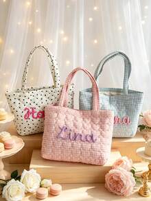 1pc Personalized Name Quilted Plaid Tote Bag, Customized Checkered Shoulder Bag, Bridesmaid Gift, Embroidered Name, Lightweight Shopping Handbag - Multicolor - View 3