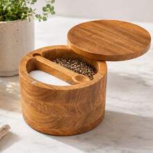 Acacia Wood Salt Pepper Box Dual Compartment With Swivel Lid - Brown - View 1