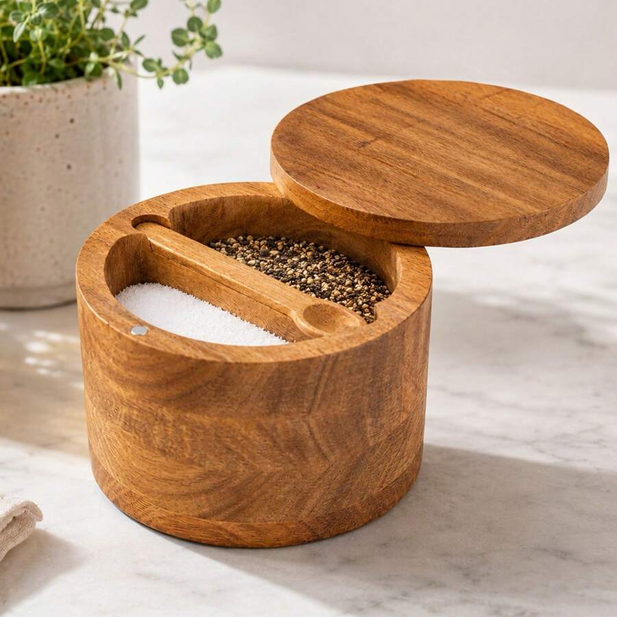 Acacia Wood Salt Pepper Box Dual Compartment With Swivel Lid - Brown - View 1