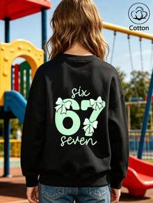 Girls' Cute Printed Drop-Shoulder Round-Neck Long-Sleeve Casual Sports Sweatshirt - Black - View 10