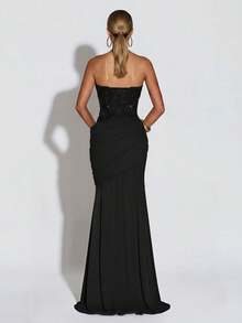 Women's Strapless Shiny Elegant Waist-Cinching Ball Gown Dress - Black - View 6