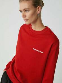 Women's Sandra Women's Cotton Fleece-Lined Soft Printed Crew Neck Comfort Red Sweatshirt - Red - View 3