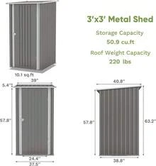 Cobertizo de Almacenamiento de Metal Gris 98.6x95.3x160.5 cm| Cobertizo Exterior de 3x3 Pies para Herramientas de Jardín| con Techo Inclinado y Puerta con Cerradura Individual| Fácil de Armar - Gris - Ver 3