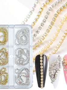 1set/2sets Fall Winter Christmas 6-Grid Box Gold & Silver Claw Chain Nail Art Decorations, Metal Rhinestone Chain Accessories, Autumn Winter Christmas Nail DIY Decorative Accessories - Multicolor - View 1